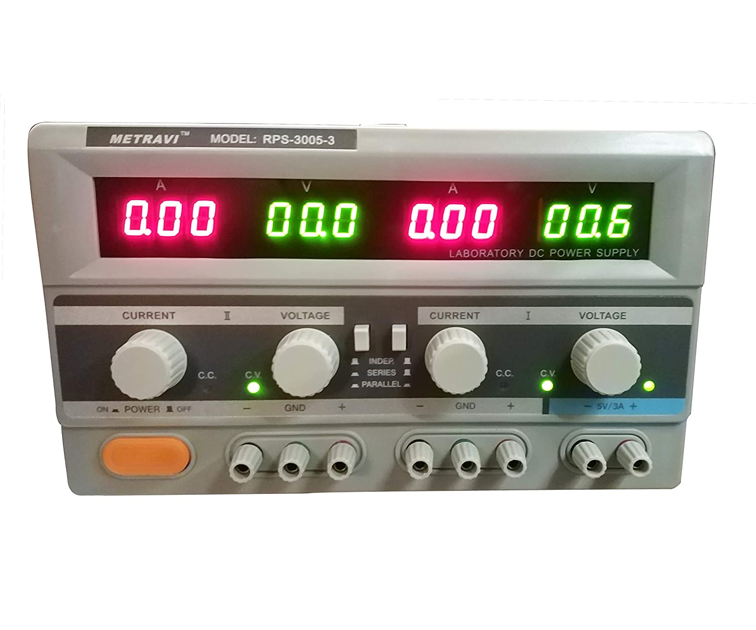 Metravi RPS-3005-3 DC Regulated Power Supply - Triple Output with Backlit LCD Display, Dual 0-30V / 0-5A DC and Fixed 5V/3A
