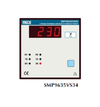3 Phase 3 Element 4 Wire Digital Voltmeters with Built-In Selector Switch SMP9635VS34 (96X96mm) Voltmeters Range: 63.5, 110, 230, 440 or 750 (any one only) AC With Auxiliary Power 230V AC